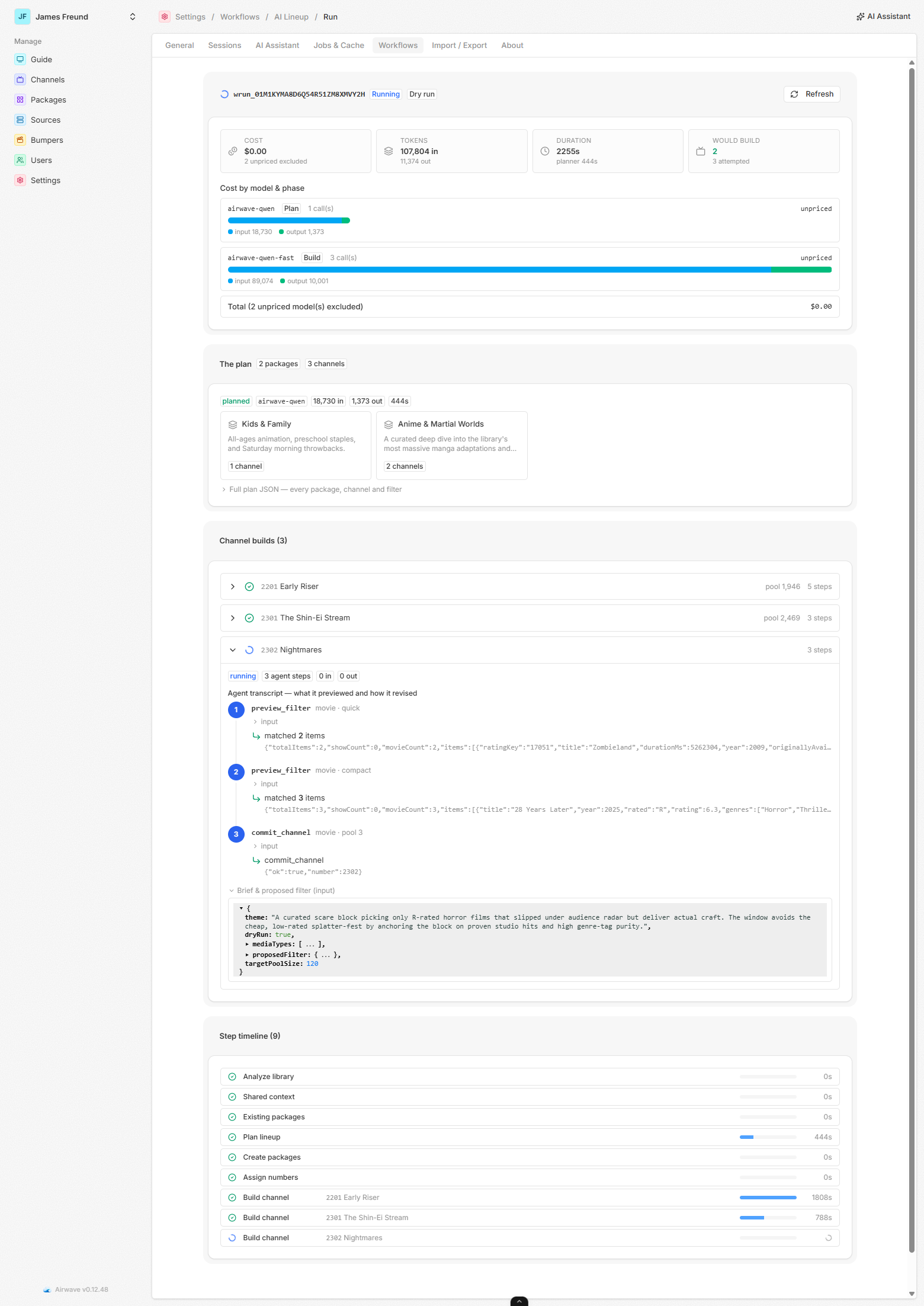 The AI lineup run page — headline cost/token/duration tiles, stacked per-model cost bars, the plan as package tiles, and each channel build as a numbered agent transcript