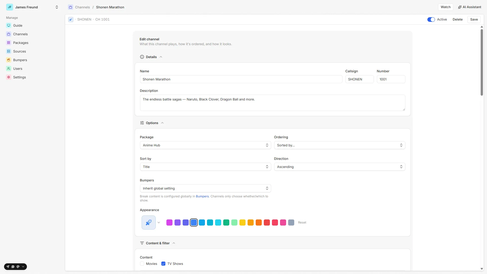 The channel editor — the Options section carries the Package select and appearance