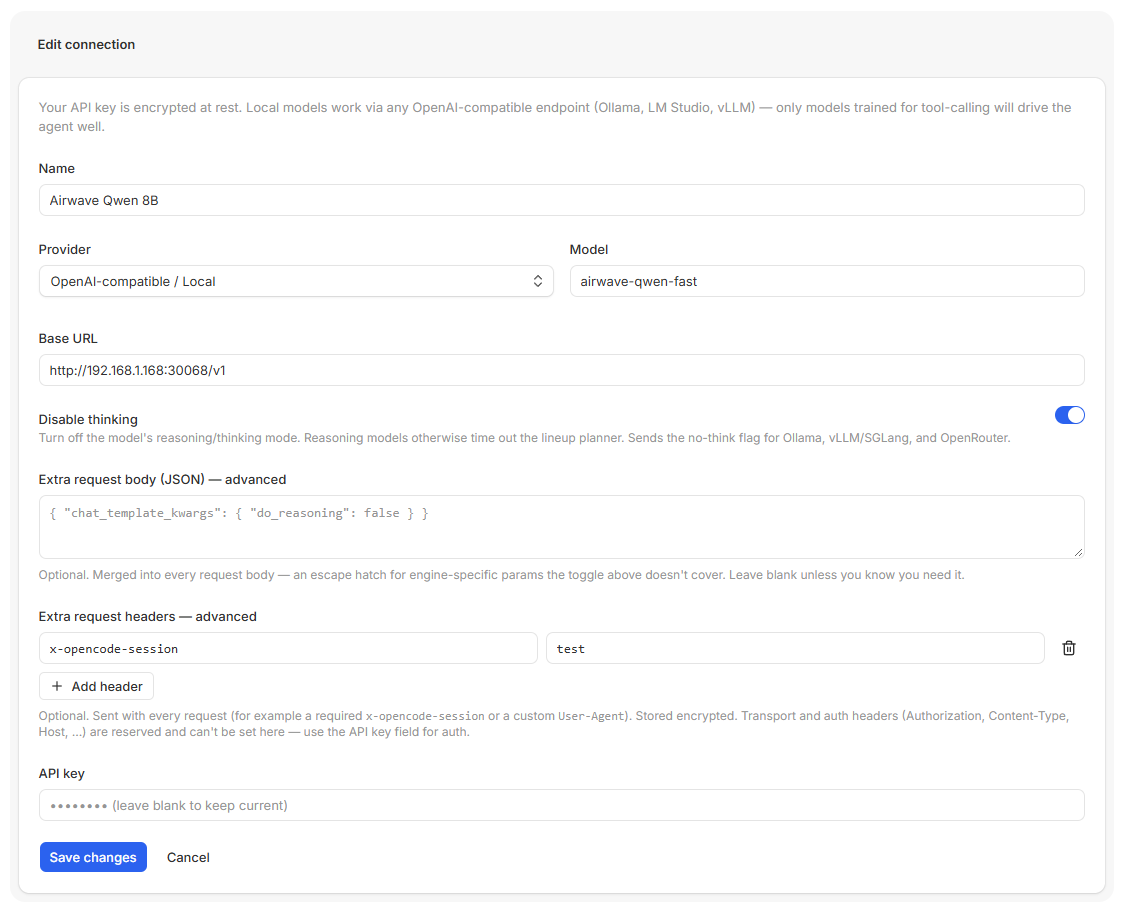 The extra request headers editor on an AI connection