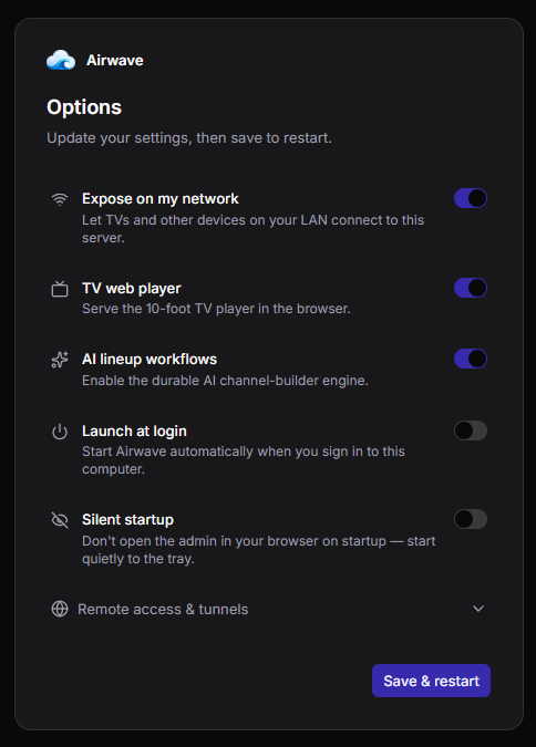 The desktop Settings window: network exposure, ports, and remote access