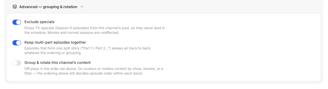 The Keep multi-part episodes together toggle in a channel's options